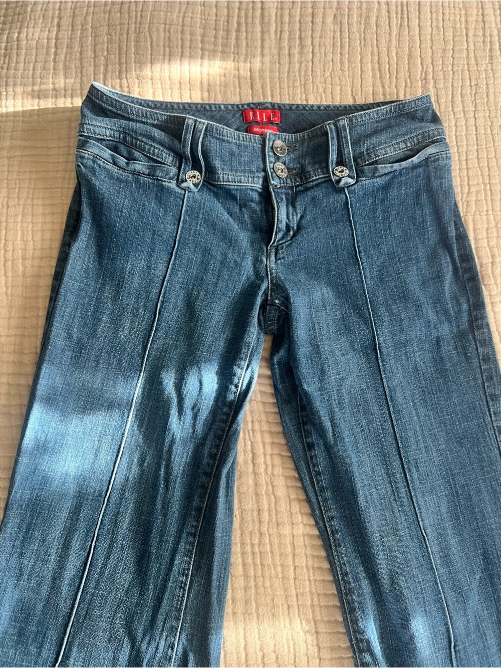 monaco Blue Denim Flare Jeans with Front Seams Raw Hem
